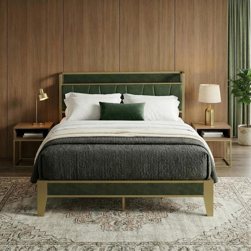LIKIMIO Full Bed Frame, Storage Headboard with Charging Station, Solid and Stable, Noise Free, No Box Spring Needed, Easy Assembly (Dark Green)