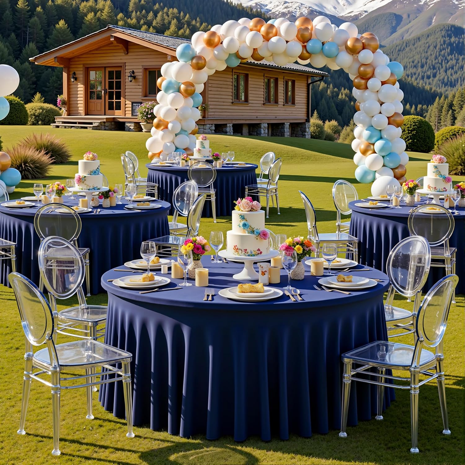 6 pk Navy Blue Round Spandex Tablecloths 60 in with Ruffled Skirt,Wrinkle Free High-Stretch 120 inch Table Cloth Round Fitted 5ft Tables,Spandex Table Covers 5ft for Forest Party Wedding Banquet