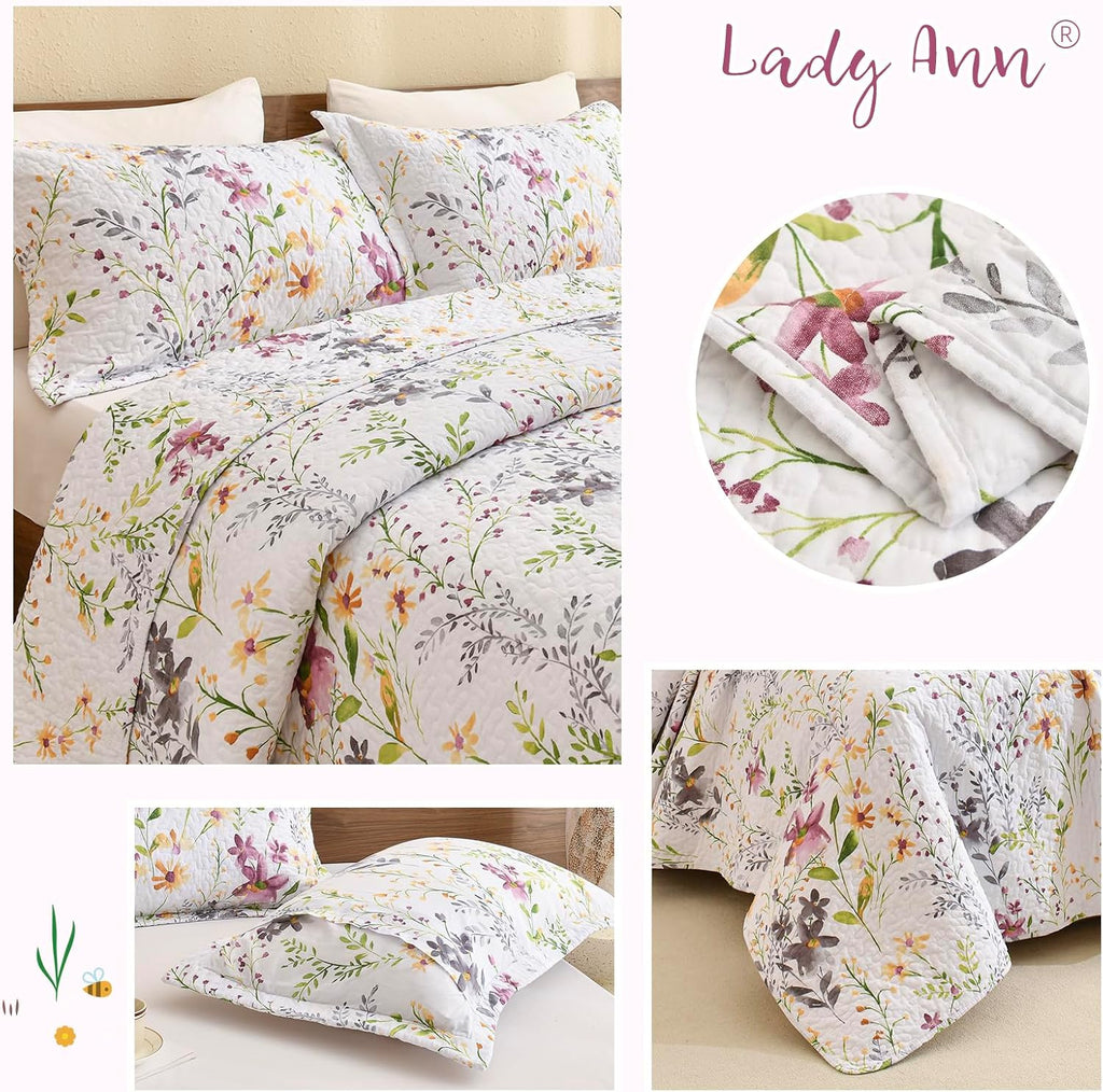 Lady Ann 100% Cotton Cal King Quilt Set - Yellow Flower Botanical Pattern Printed Quilted 118x106 Bedspread Set,Vintage Coverlet Ultra Soft Bedspread Set with Pillow Shams Al Season,3 PCS