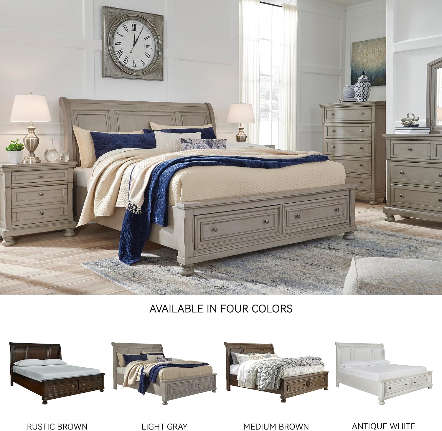 Signature Design by Ashley Lettner Traditional King Sleigh Platform Bed with 2 Drawers, Foundation or Box Spring Not Needed, Light Gray