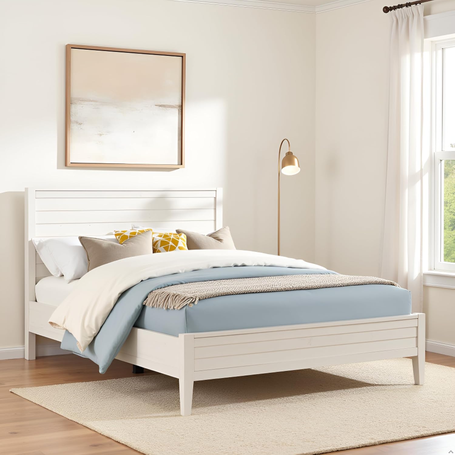 Arden Queen Size Panel Bed Frame – Solid Brazilian Pine Wood with High 50' Headboard, Low 18' Footboard, 8' Underbed Clearance – Rustic Boho Bedroom Style by Alaterre Furniture (Light Driftwood White)