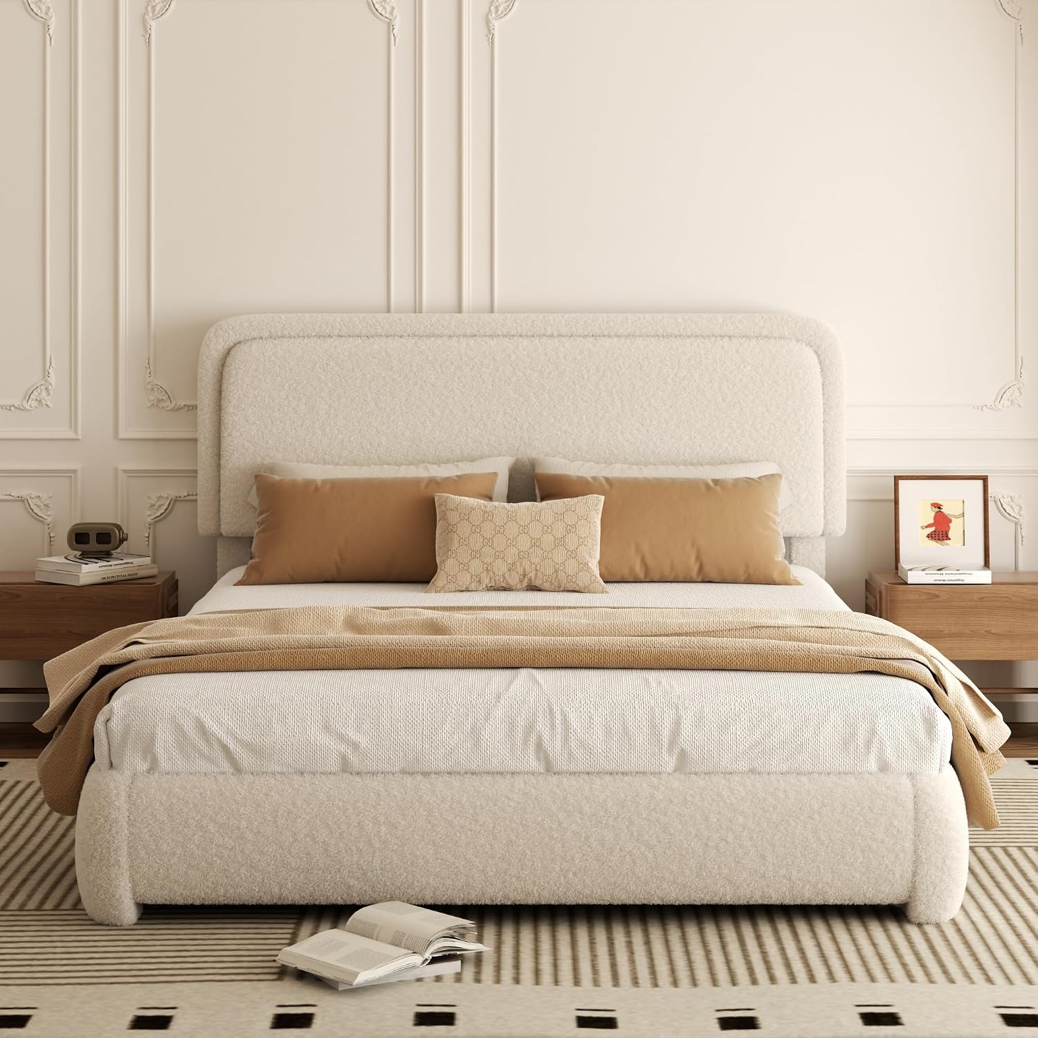 Queen Bed Frame, Teddy Velvet Boucle Bed Frame with 43.3'/45.3' Adjustable Upholstered Headboard, Rounded Corners, Mattress Foundation, No Box Spring Required, Beige