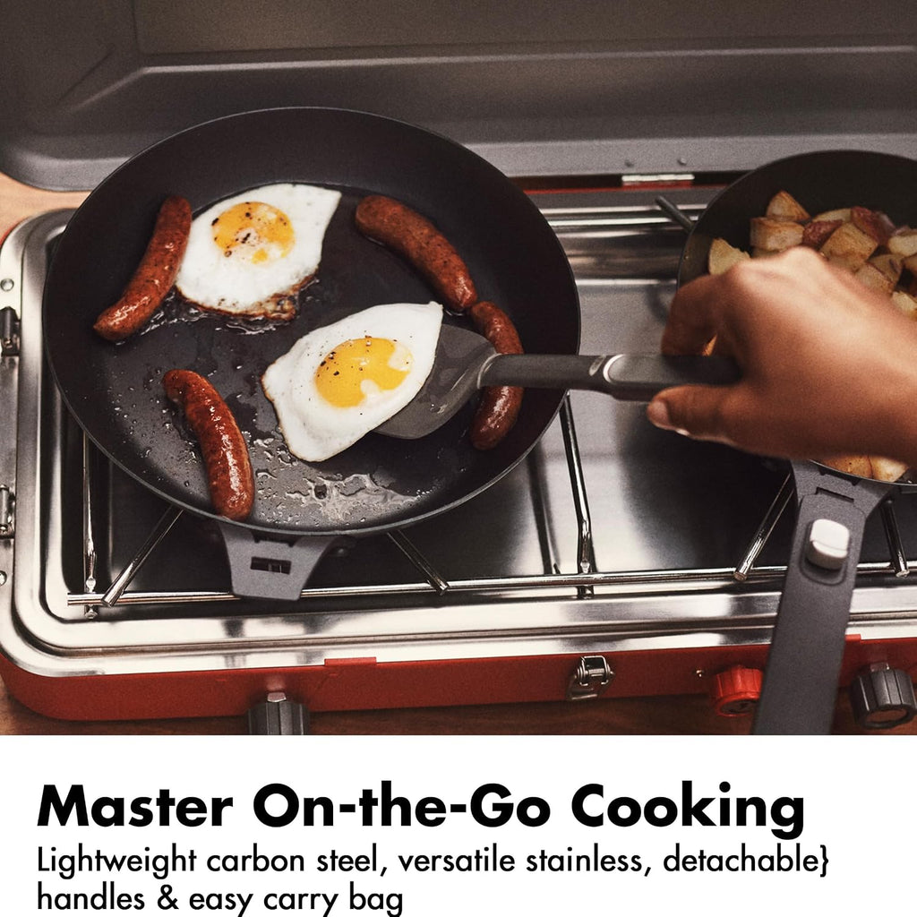 OXO Outdoor 8 Piece Camping Cookware Set, 10' Pre-Seasoned Carbon Steel Frying Pan Skillet, 2.25QT and 5QT Stainless Steel Saucepans with Lids, Removeable Handle, Trivet, Travel Bag, Space-Saving