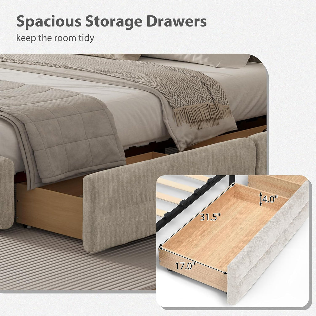 DEINPPA King Size Bed Frame with 4 Storage Drawers and Cloud Soft Headboard, Chenille Upholstered Grounded Wood Base Bed Frame, No Box Spring Needed-Beige