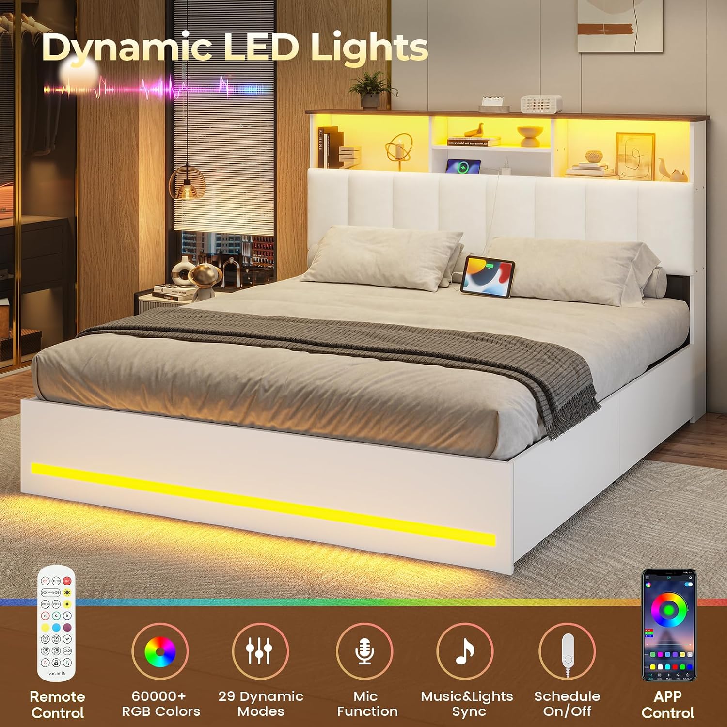 VIAGDO Full Size Bed Frame with Bookcase Headboard, Wooden Bed Frame Full Size with Charging Station, 4 Storage Drawers and LED Lights, with Type-C and USB, No Box Spring Needed, White