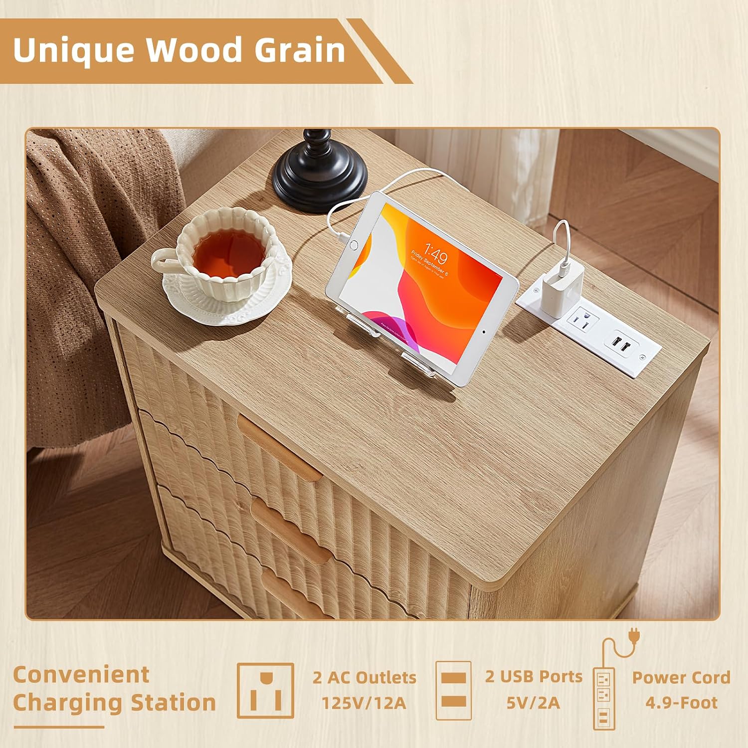 LEYAOYAO 48' Wide Fluted Dresser and 3 Drawers 23' Nightstand Set of 2, Wooden Dresser & Night Stand with Charging Station, 3 Piece Bedroom Furniture Set, Wood Chest of Drawer for Living Room,Natural