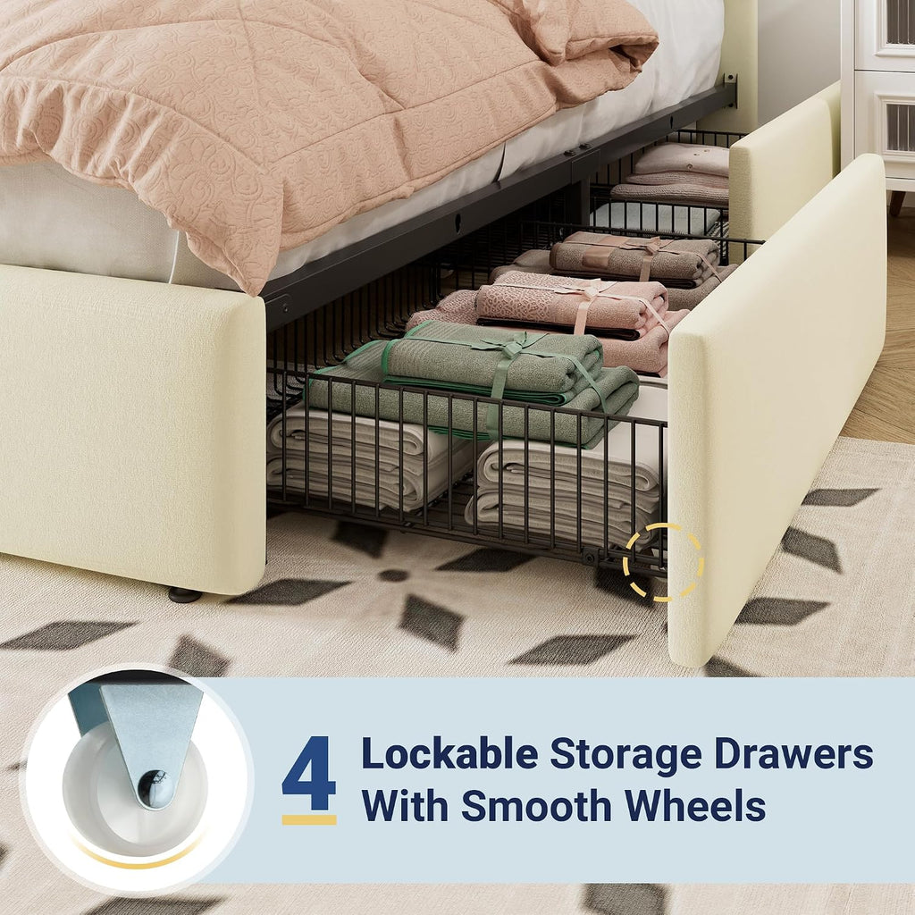 Allewie Queen Size Storage Bed Frame, Vertical Channel Tufted Adjustable Headboard, Velvet Upholstered Platform Bed with 4 Oversized Underbed Drawers, Wooden Slats Support, No Box Spring Needed, Cream