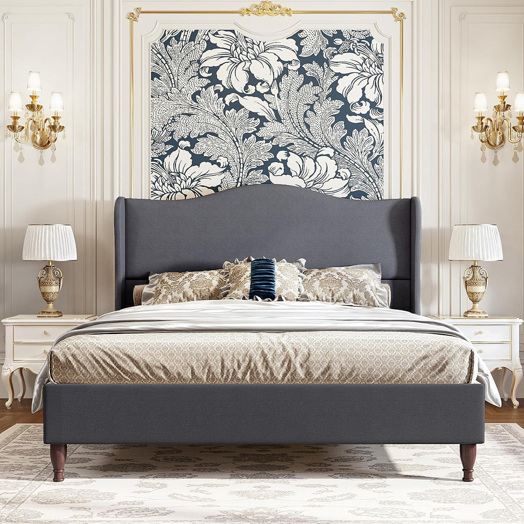 koorlian Queen Bed Frame Upholstered Platform Bed with 51' Tall Headboard Wingback, Soft Fabric, Retro Simple Style No Box Spring Needed, Easy Assembly, Grey