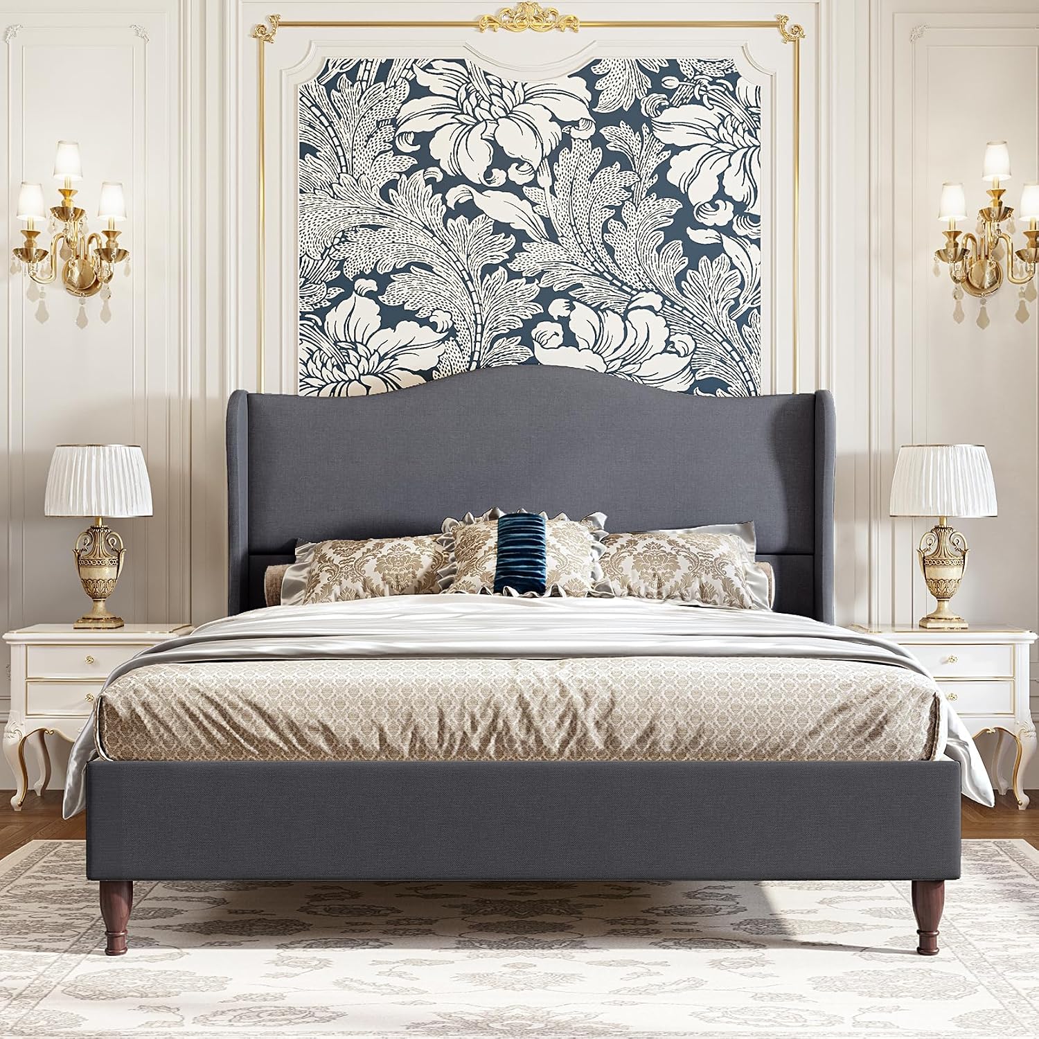 koorlian Queen Bed Frame Upholstered Platform Bed with 51' Tall Headboard Wingback, Soft Fabric, Retro Simple Style No Box Spring Needed, Easy Assembly, Grey