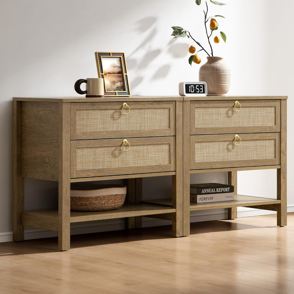 SICOTAS Night Stands Set of 2 for Bedroom, Large Bedside Tables with Drawer & Open Shelf, Wide Boho Rattan Nightstand Set Narrow Side Table for Master Bedroom