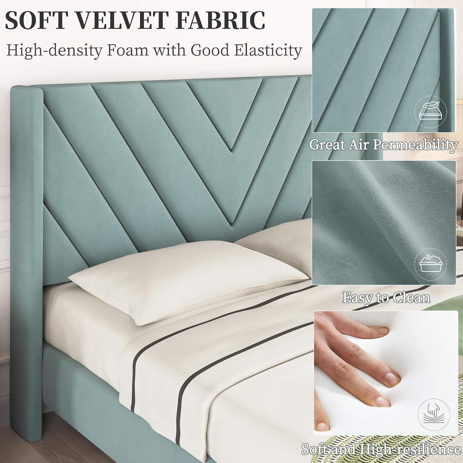Yaheetech Queen Bed Frame Upholstered Platform Bed/Wooden Slat Support/Tufted Headboard with Wing Side/Mattress Foundation/No Box Spring Needed,Blue Lake Queen