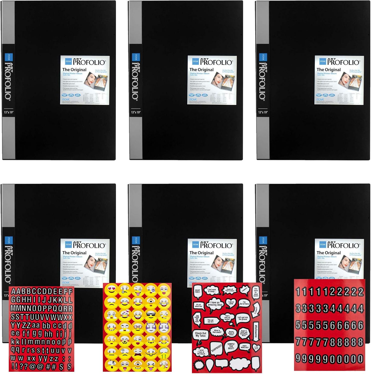ITOYA 13 x 19 inches Original Art Presentation Book/Portfolio- for Art, Photography, and Documents - Pack of 6 + Scrapbooking Stickers 4 Pages of Emojis, Quotes, Letters & Numbers - Awesome Bundle