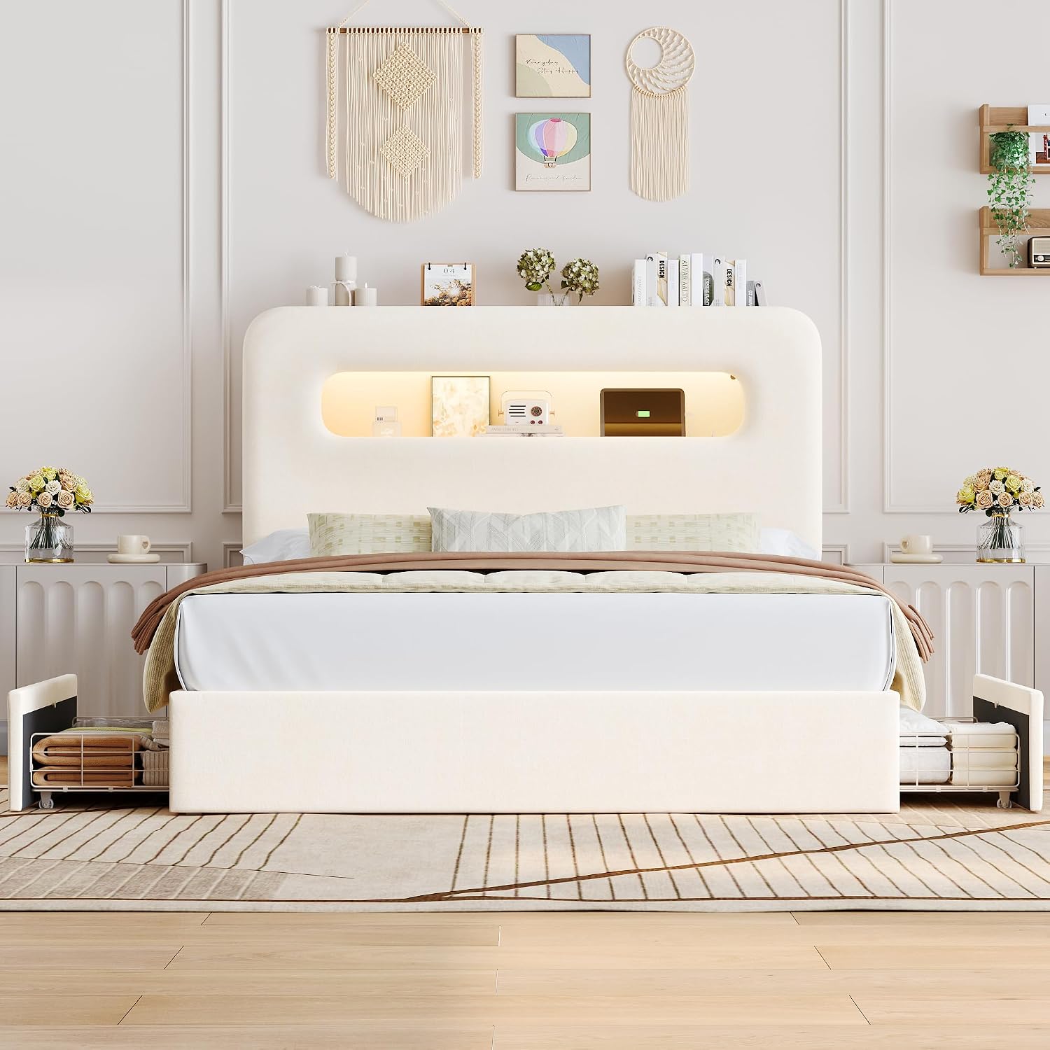 HOSTACK Full LED Bed Frame with Storage Headboard and Charging Station, Kids Bed Frame with 2 Drawers and USB Ports, Velvet Upholstered Platform Bed Frame with Bookcase, No Box Spring Needed, Cream