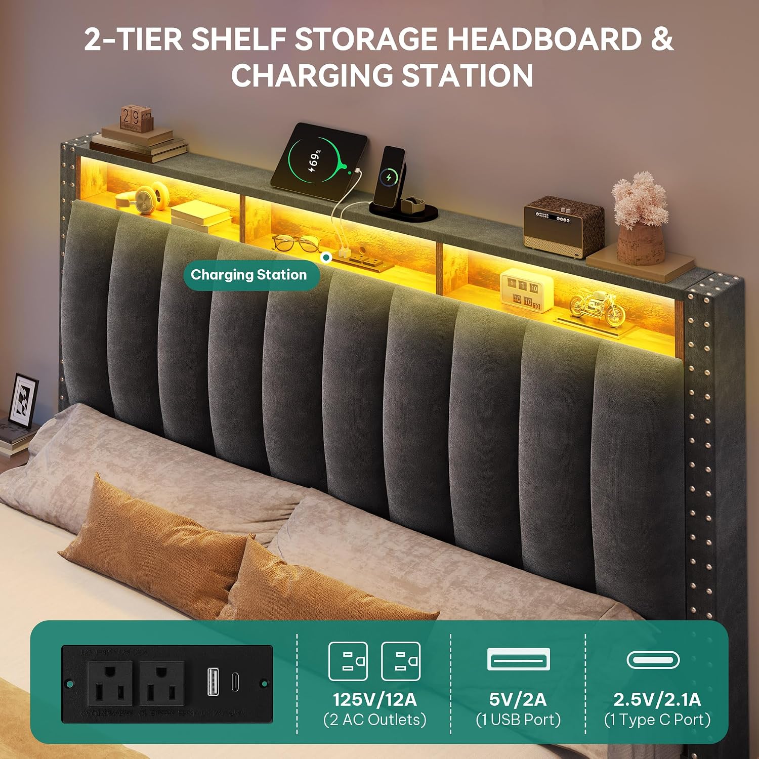 YITAHOME King Size Bed Frame wi/ 4 Storage Drawers and RGB LED Lights, Velvet Upholstered Platform Bed w/Charging Station and Bookcase Storage Headboard, No Box Spring Needed, Easy Assembly, Dark Gray