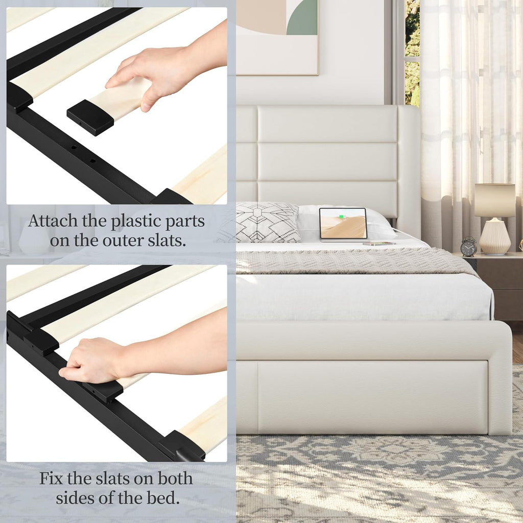 Yaheetech Queen Size Bed Frame with 2 USB Charging Station/Port for Type A&Type C/3 Storage Drawers, Leather Upholstered Platform Bed with Headboard/Solid Wood Slat Support/No Box Spring Needed/Beige