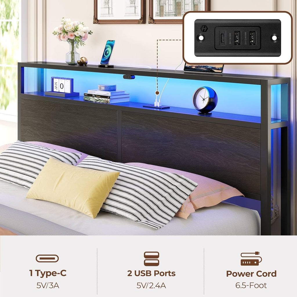 Rolanstar Full Size Bed Frame with 4 Storage Drawers & 2-Tier Storage Headboard, Metal Platform Bed Frame with Charging Station & LED Lights, Noise-Free, No Box Spring Needed, Easy Assembly, Black Oak