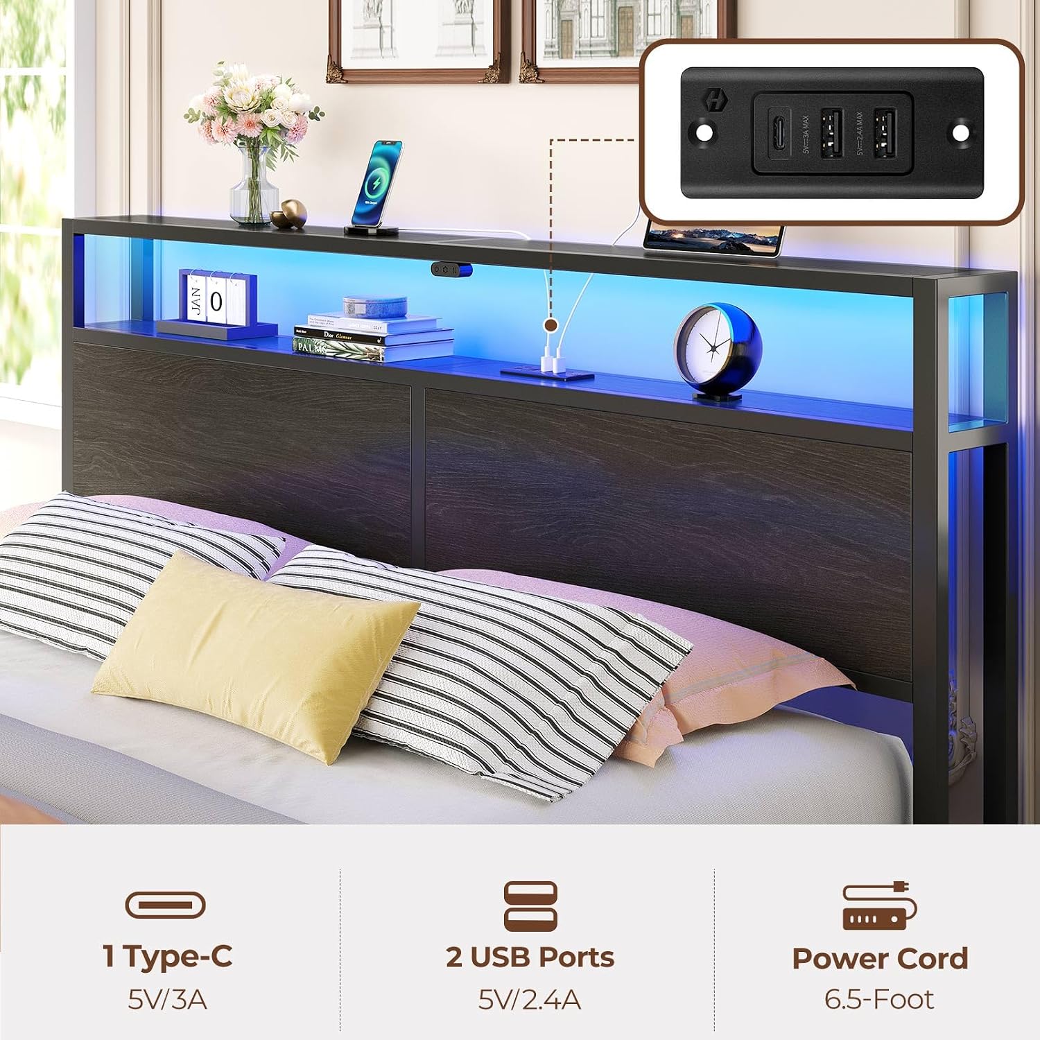 Rolanstar Full Size Bed Frame with 4 Storage Drawers & 2-Tier Storage Headboard, Metal Platform Bed Frame with Charging Station & LED Lights, Noise-Free, No Box Spring Needed, Easy Assembly, Black Oak