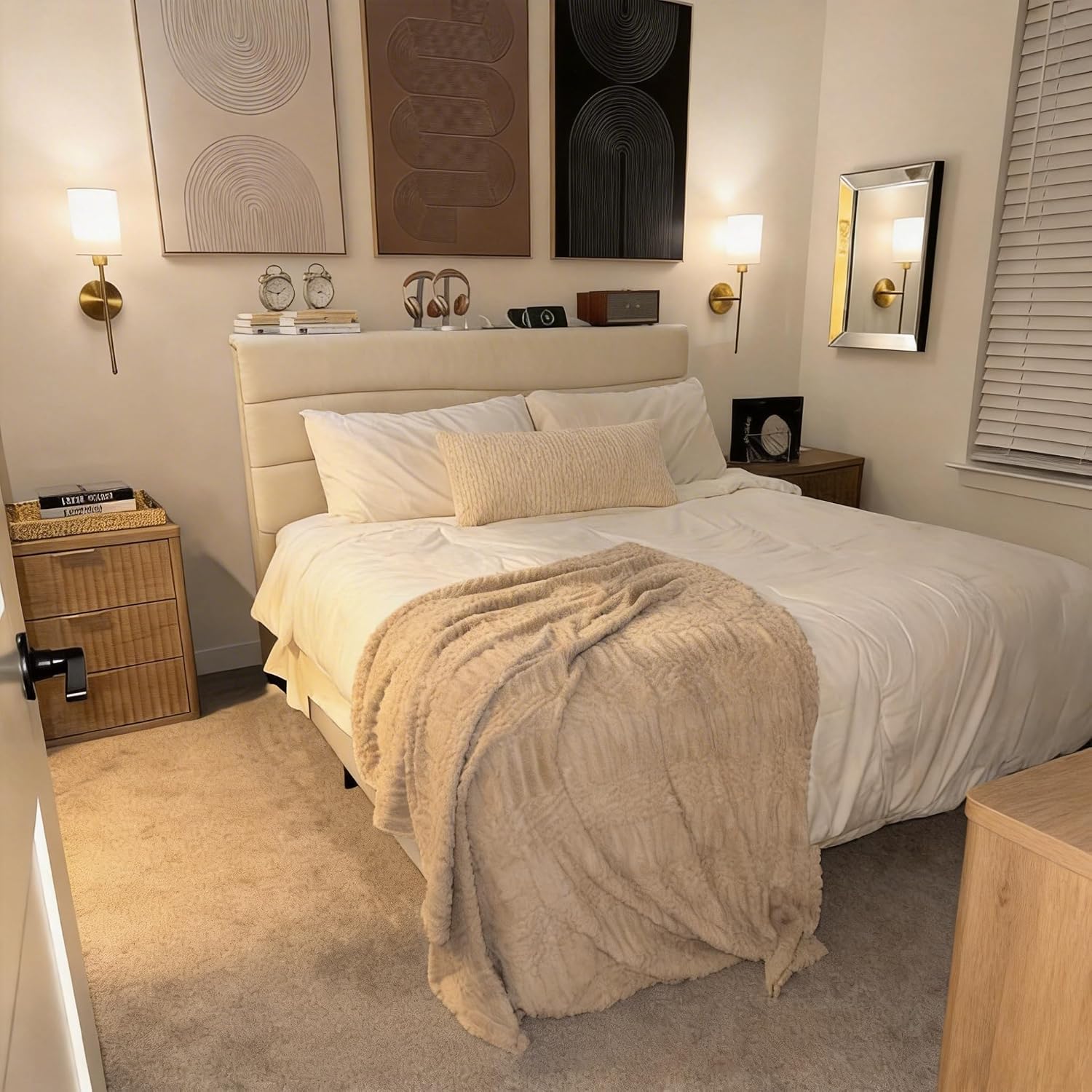EnHomee Twin Size Bed Frame with Adjustable Height Upholstered Headboard, 3 USB Charging Ports, Noise-Free Platform Bed, No Box Spring Needed, Beige