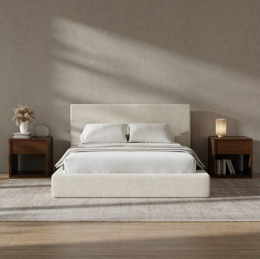 RECCI AirFrame Full Size Bed Frame with Headboard, Cloud Upholstered Platform Bed Frame, 5 Inch Foam Cushioned, No Box Spring, Easy Assembly(Beige Chenille)