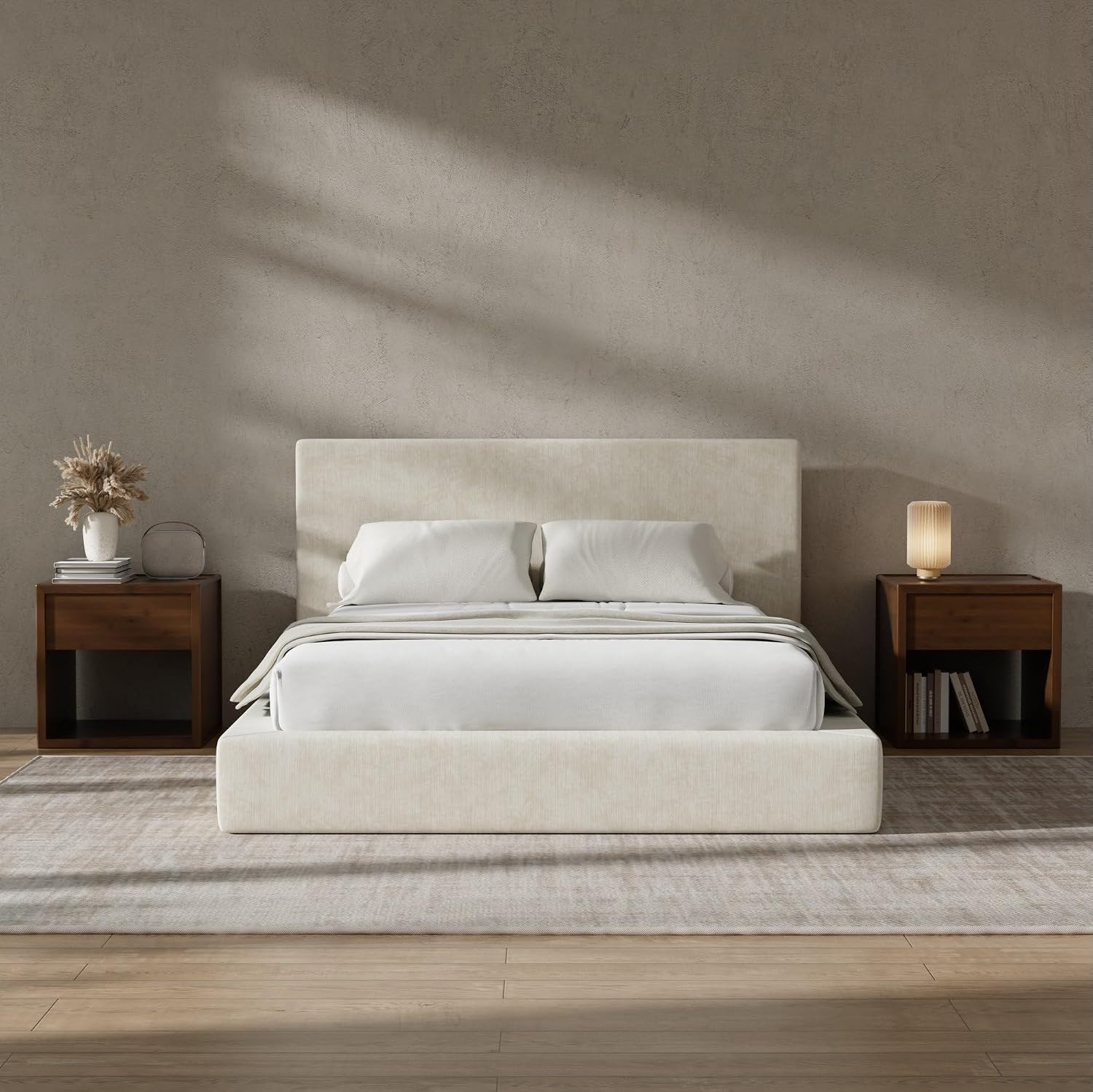 RECCI AirFrame Full Size Bed Frame with Headboard, Cloud Upholstered Platform Bed Frame, 5 Inch Foam Cushioned, No Box Spring, Easy Assembly(Beige Chenille)