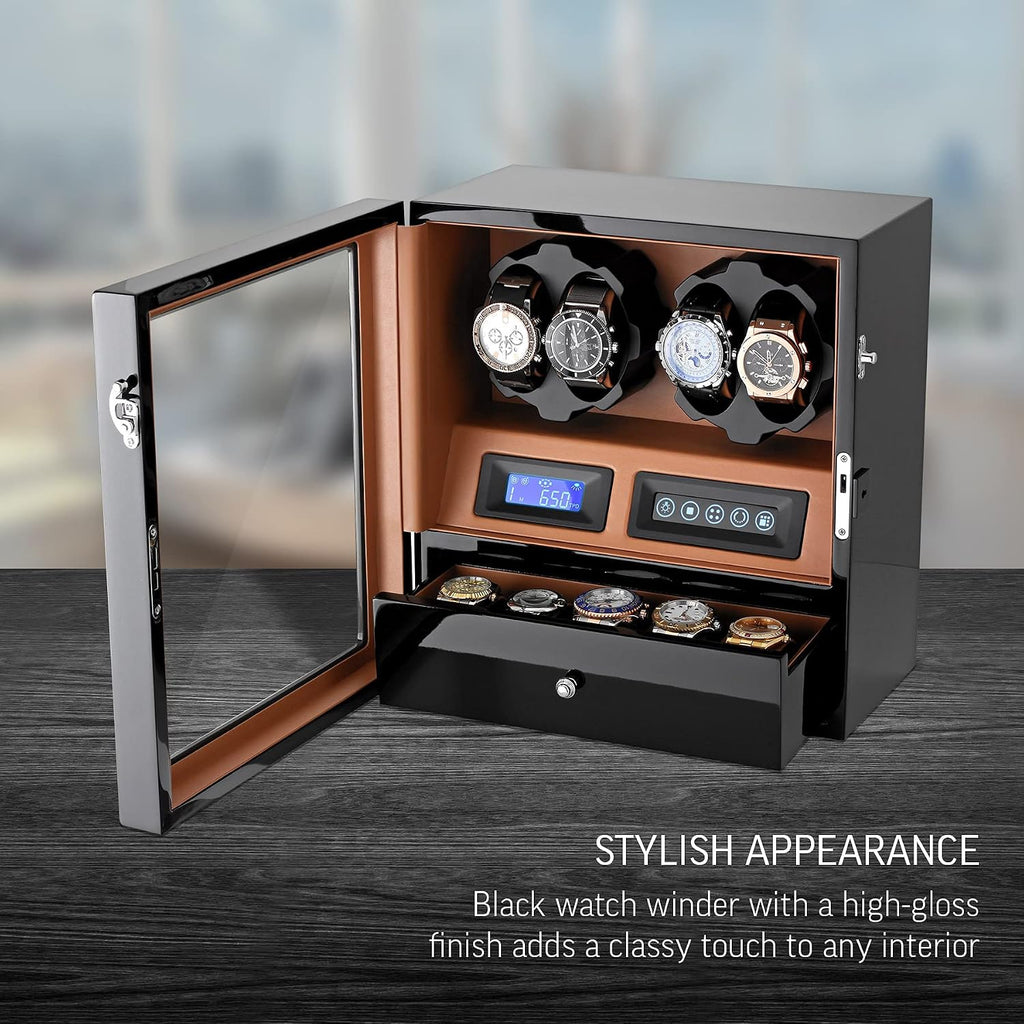 4 Watch Winder with 5 Watch Storage Space, LCD Display, Touch Control and Interior Light