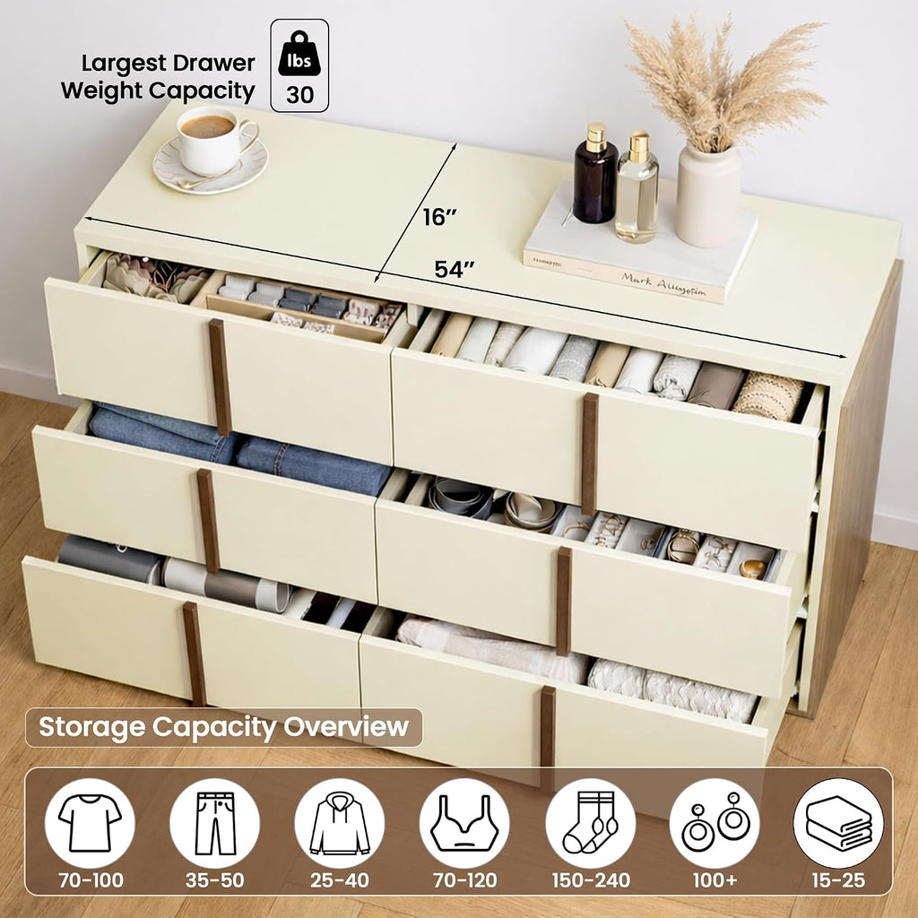 3-Piece Bedroom Furniture Set, 6-Drawer Dresser with 2 Charging Nightstands, Modern Storage Chest & Bedside Tables with Outlets/USB Ports, Cream & Walnut
