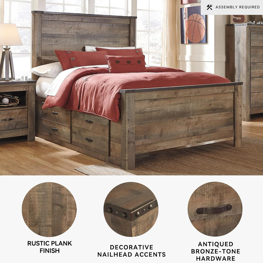 Signature Design by Ashley Trinell Casual Full Panel Platform Bed with 2 Storage Drawers and Nailheads, Foundation or Box Spring Not Needed, Dark Brown