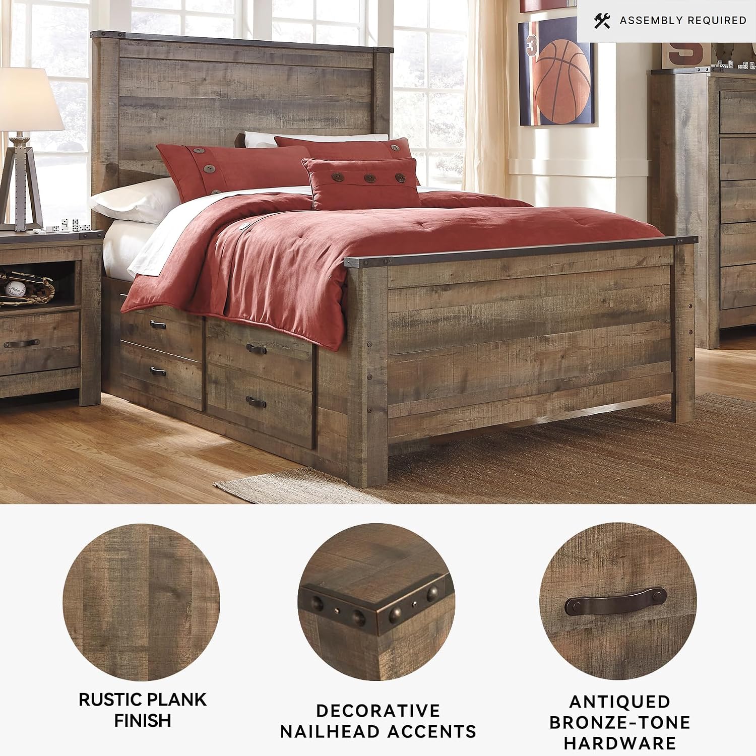Signature Design by Ashley Trinell Casual Full Panel Platform Bed with 2 Storage Drawers and Nailheads, Foundation or Box Spring Not Needed, Dark Brown