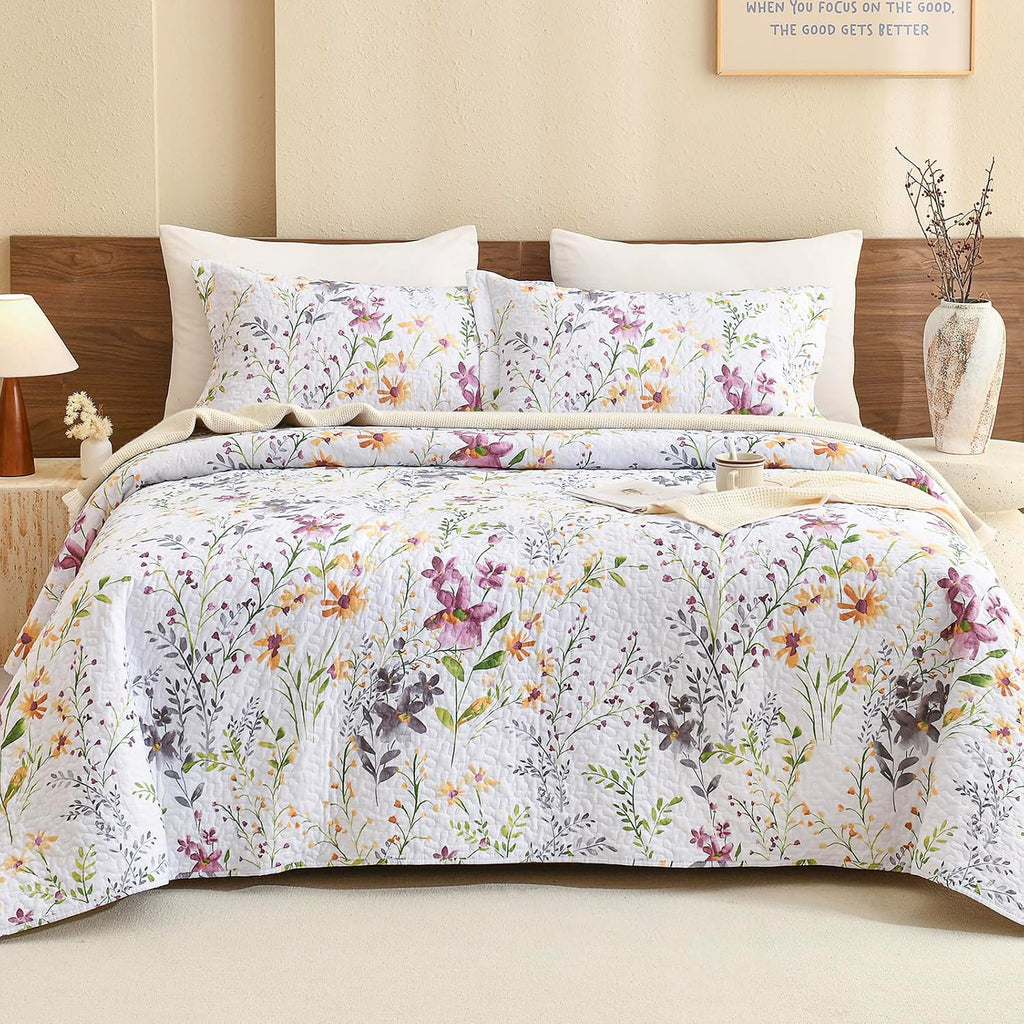 Lady Ann Wild Floral Printed Bed King Quilt Set 100% Cotton Yellow Flower Botanical Pattern Bedding, Vintage Lightweight Coverlet Ultra Soft Bedspread Set with Pillow Shams for All Season, 3 PCS