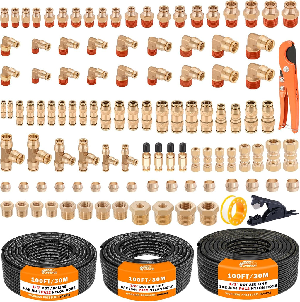 CheeMuii 112 PCS Brass DOT Air Line Fittings with 3 Roll 100FT 1/4' 3/8' 1/2' DOT Air Lines Kit Push Lock Air Fitting Quick Connect Air Fittings with Air Hose Pneumatic Tubing