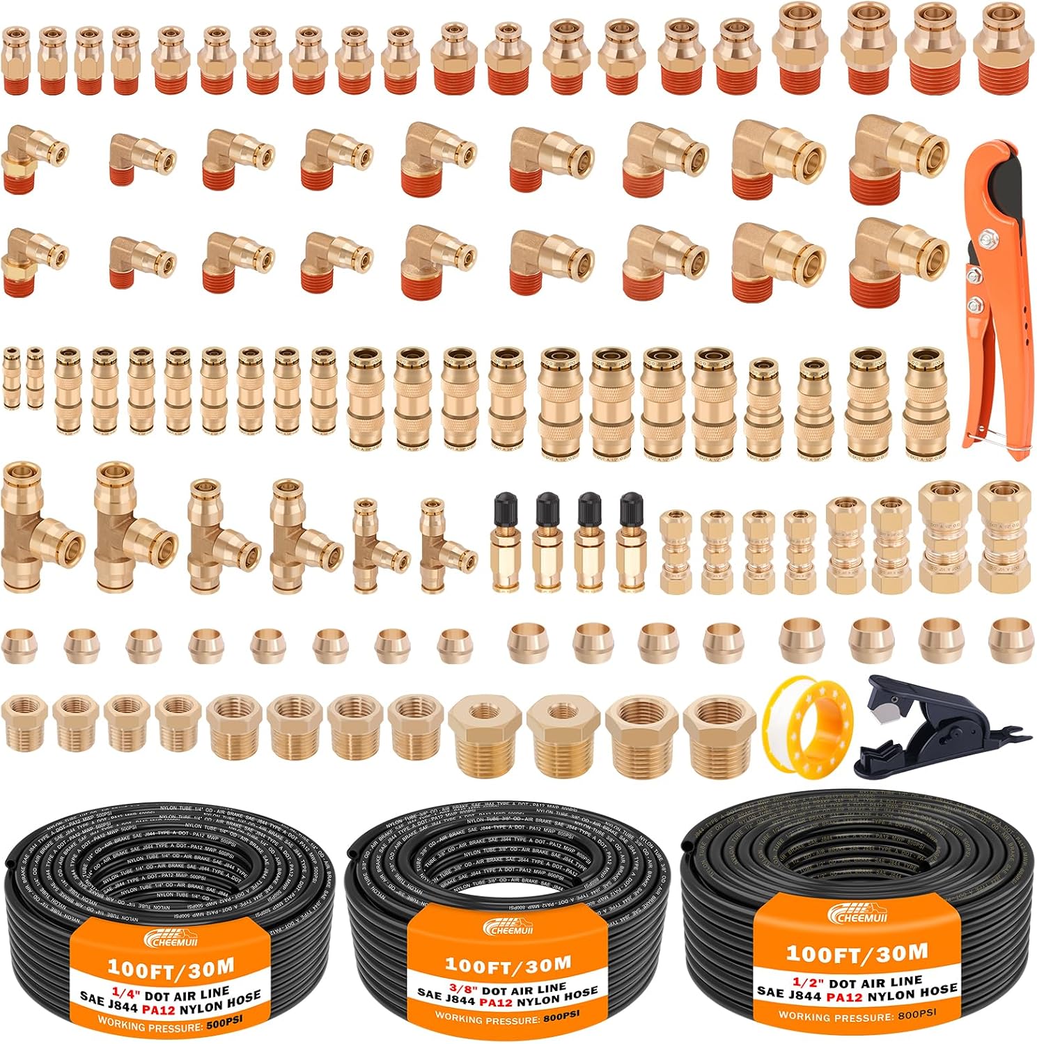 CheeMuii 112 PCS Brass DOT Air Line Fittings with 3 Roll 100FT 1/4' 3/8' 1/2' DOT Air Lines Kit Push Lock Air Fitting Quick Connect Air Fittings with Air Hose Pneumatic Tubing