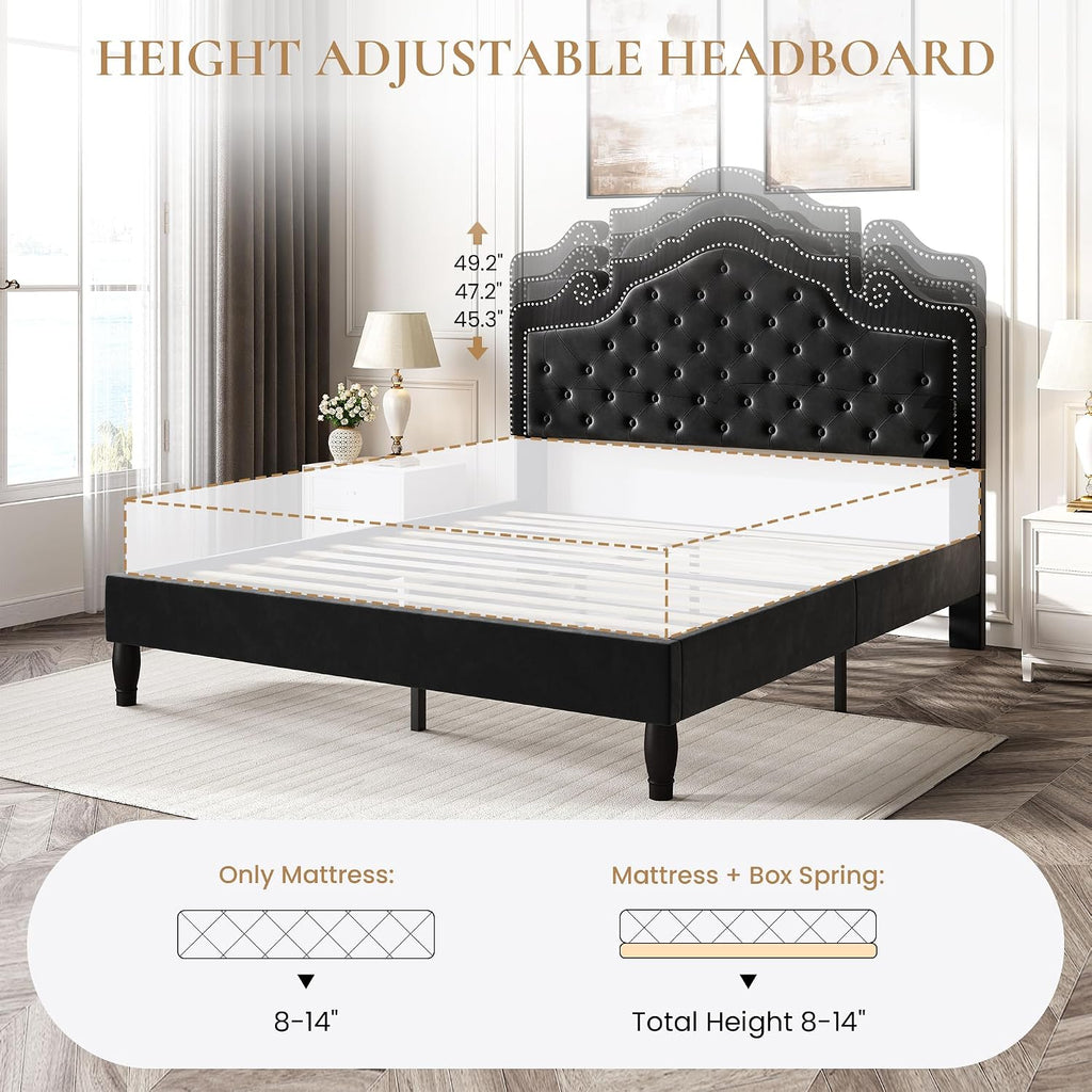 SHA CERLIN Full Size Bed Frame with Adjustable Headboard/Velvet Upholstered/Diamond Button Tufted and Metal Studs/No Box Spring Needed/Wood Slat Support/Easy Assembly/Black