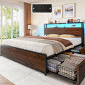 Rolanstar Queen Bed Frame with 4 Storage Drawers, Charging Station and LED Lights, Metal Platform Bed with 2-Tier Storage Headboard, No Box Spring Needed, Easy Assembly, Noise-Free, Walnut