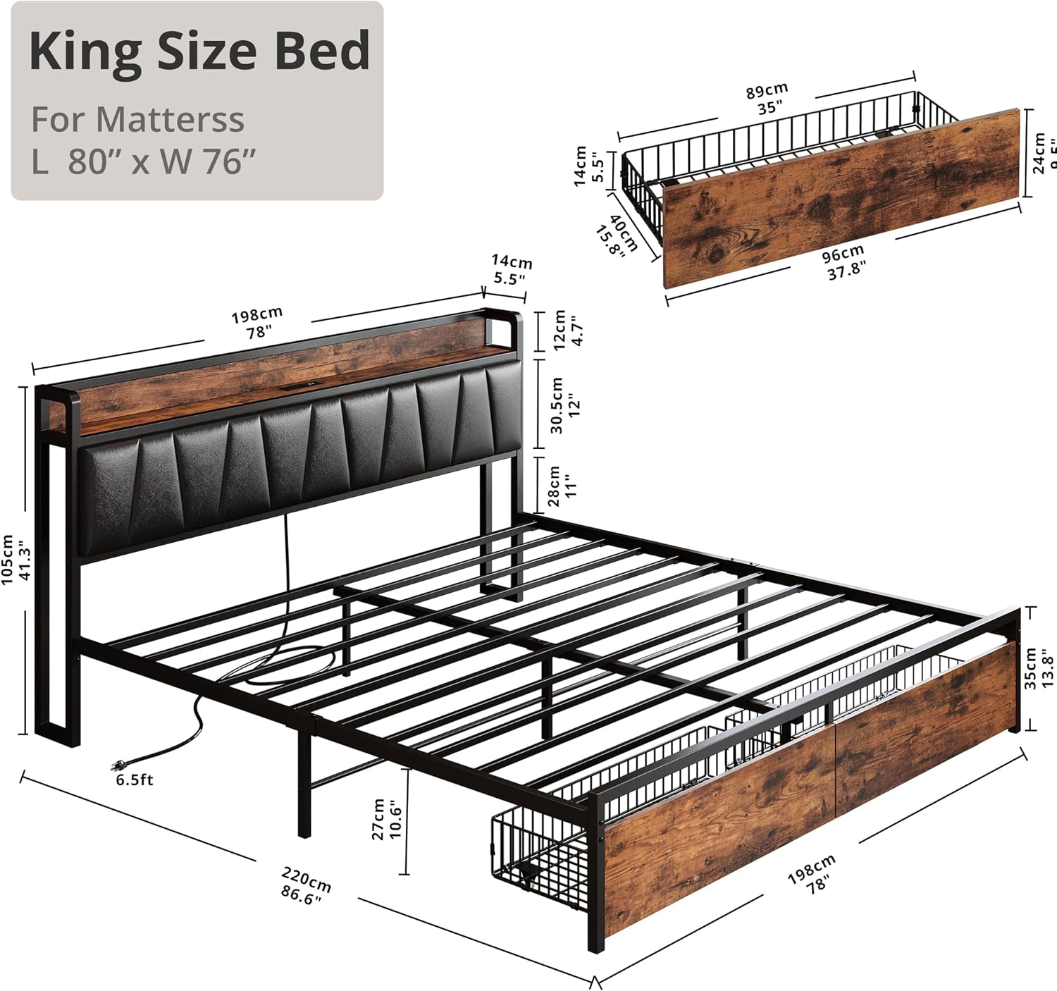 LIKIMIO King Size Bed Frame, Storage Headboard with Charging Station, Platform Bed with Drawers, No Box Spring Needed, Easy Assembly, Vintage Brown and Black