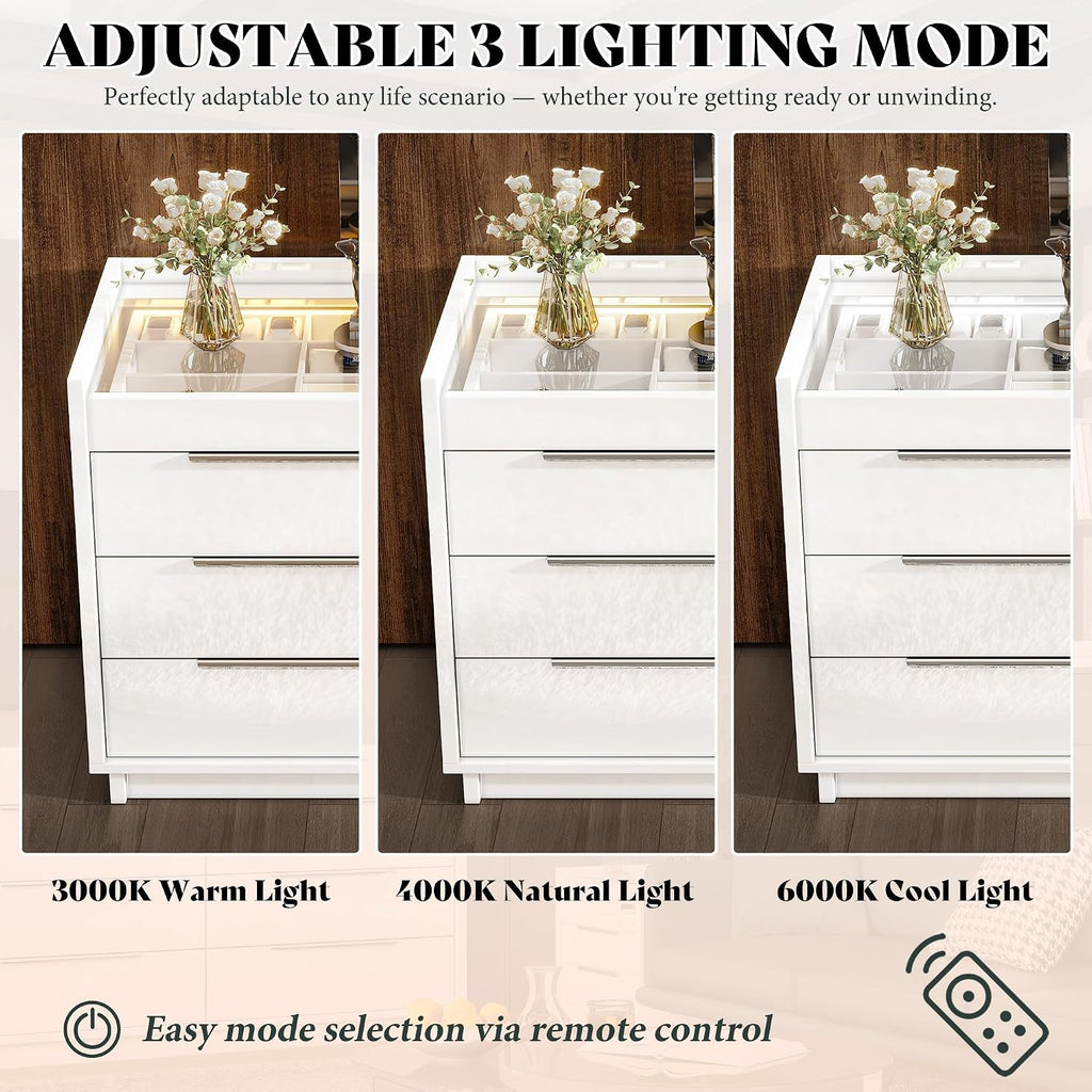 AMERLIFE High Gloss Dresser Set, 3 Piece Bedroom Furniture Set, 8 Drawer Dresser with LED Light & 2 Nightstands with Charging Station, Modern UV Finish, Bedroom Storage Organizer, White
