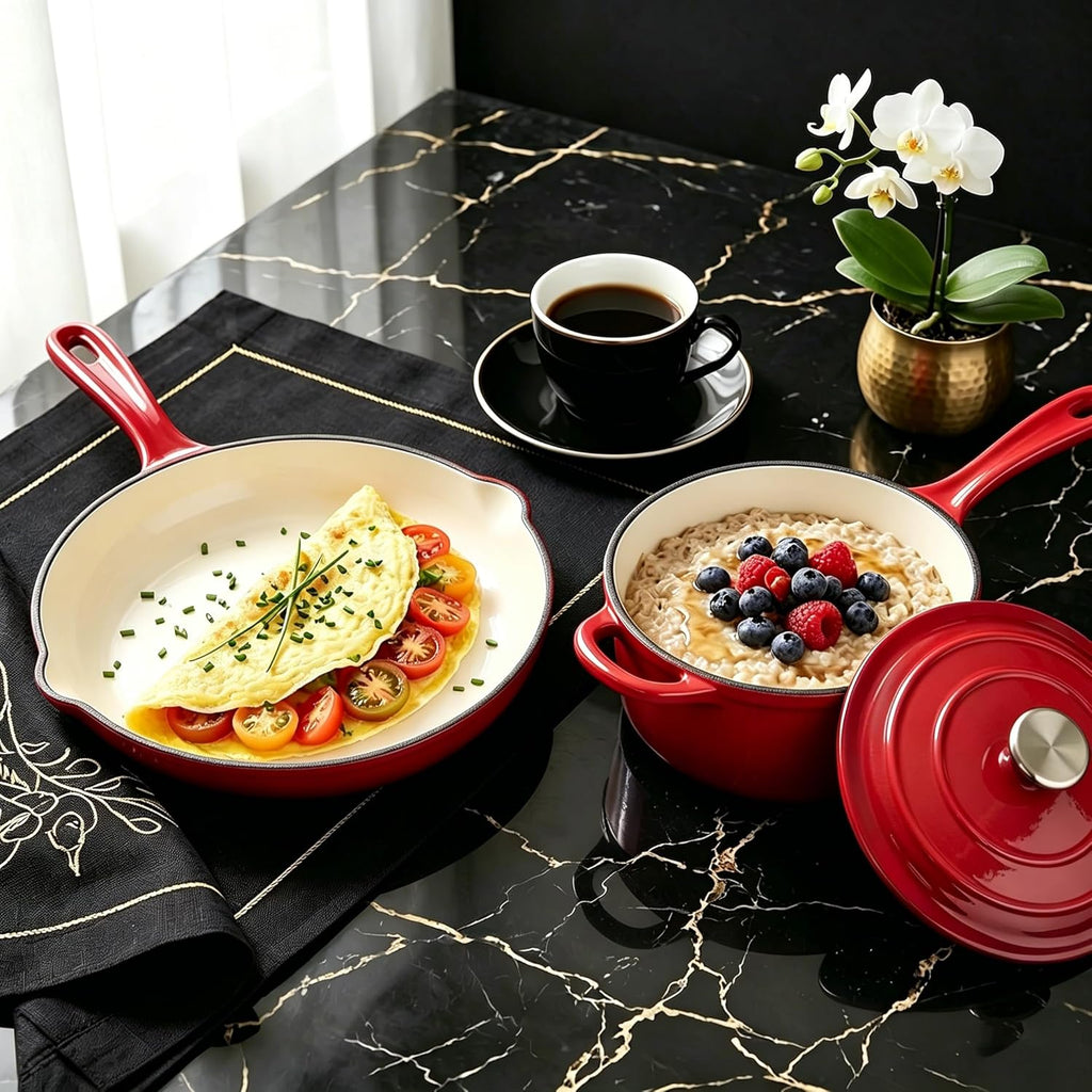 QuliMetal Enameled Cast Iron Cookware Set, 4-Piece Pots and Pans Set with Lids, 10.25' Skillet, 2QT Saucepan, 2.8QT & 4.8QT Dutch Ovens, Oven Safe to 500°F, All Stovetops Compatible - Rouge Red