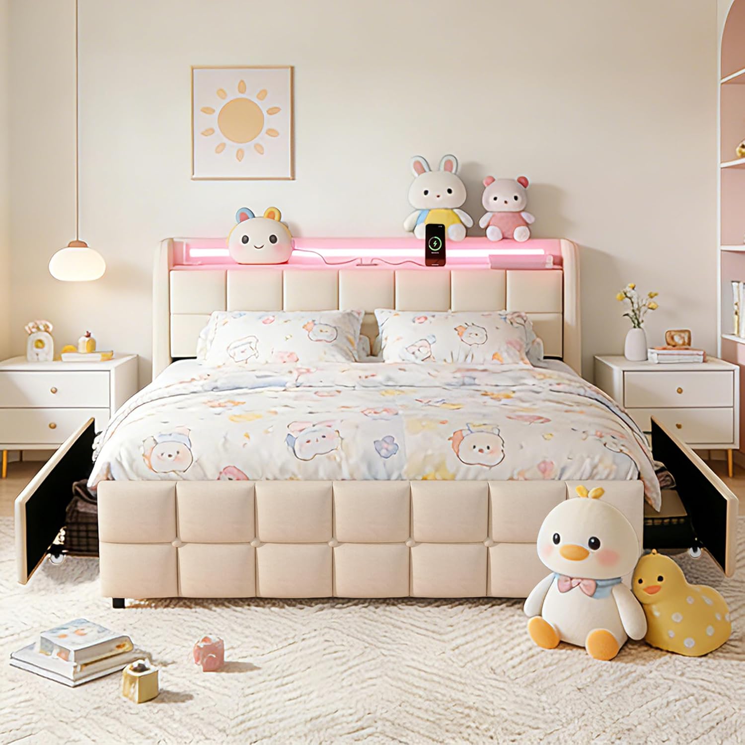 Juego 3 in 1 Full Bed Frame with RGB LED Light, Socket & USB & Type-C Charging Station,4 Drawers, Wooden Slats, Upholstered Bed, Noise-Free, No Box Spring Needed (Beige, Full)