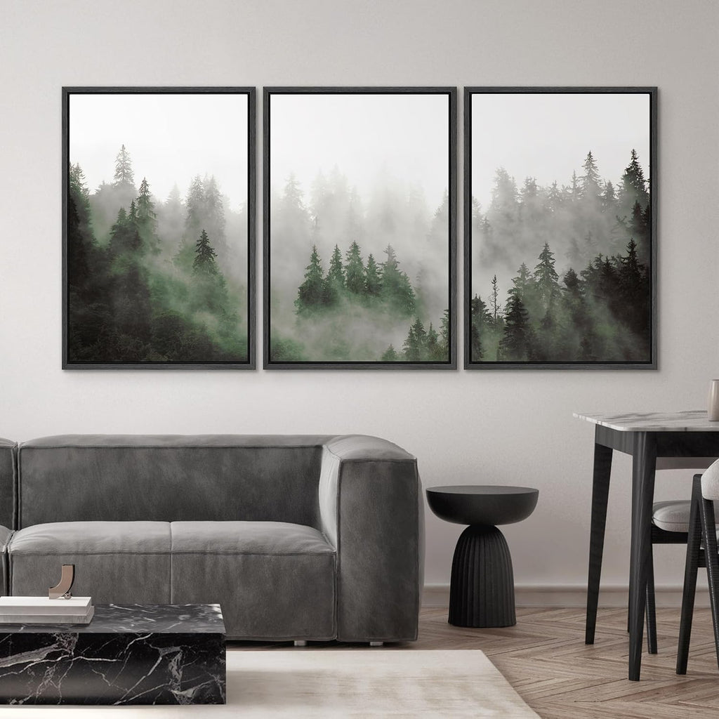 SIGNWIN Framed Canvas Print Wall Art Woodland Nursery Decor Set Fog & Mist Over Green Pine Tree Forest Nature Wilderness Modern Art Chic Landscape for Living Room, Bedroom, Office - 16'x24'x3 Black
