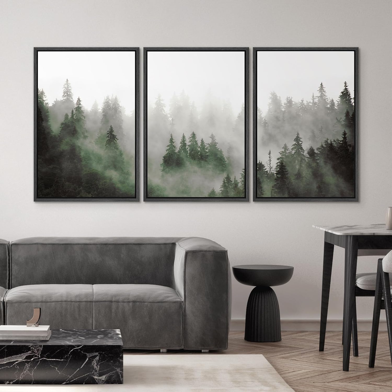 SIGNWIN Framed Canvas Print Wall Art Woodland Nursery Decor Set Fog & Mist Over Green Pine Tree Forest Nature Wilderness Modern Art Chic Landscape for Living Room, Bedroom, Office - 16'x24'x3 Black