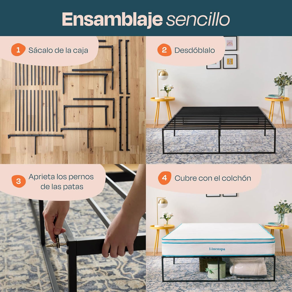 Linenspa Folding Metal Platform Bed Frame - Easy Assembly - Sturdy Steel - No Box Spring Needed - Underbed Storage - Mattress Foundation - 14' High - Traditional Design - Queen Size