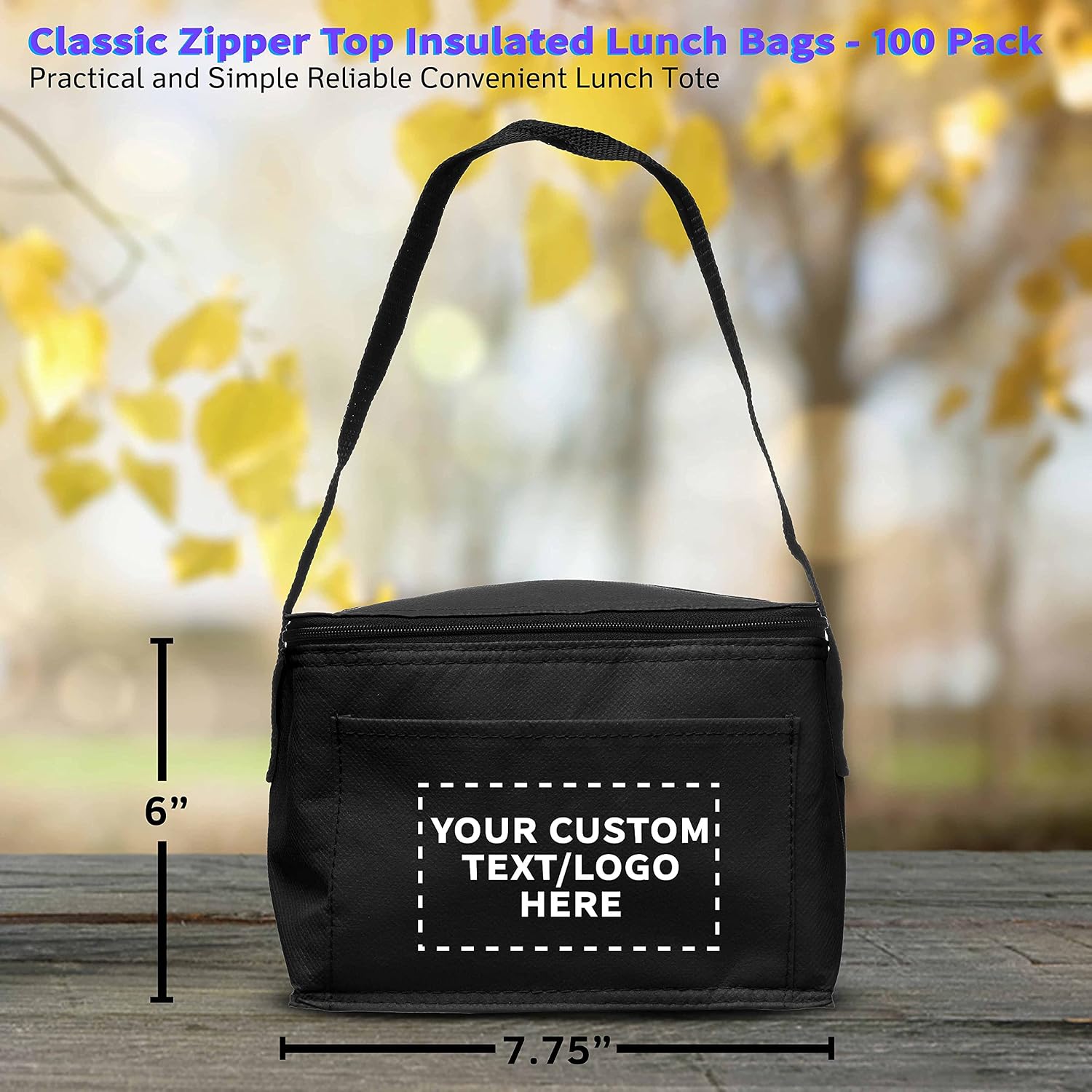 DISCOUNT PROMOS 100 Zipper Top Insulated Lunch Bags Set - Customizable Text, Logo - Non Woven, Vibrant, Black Strap - Black