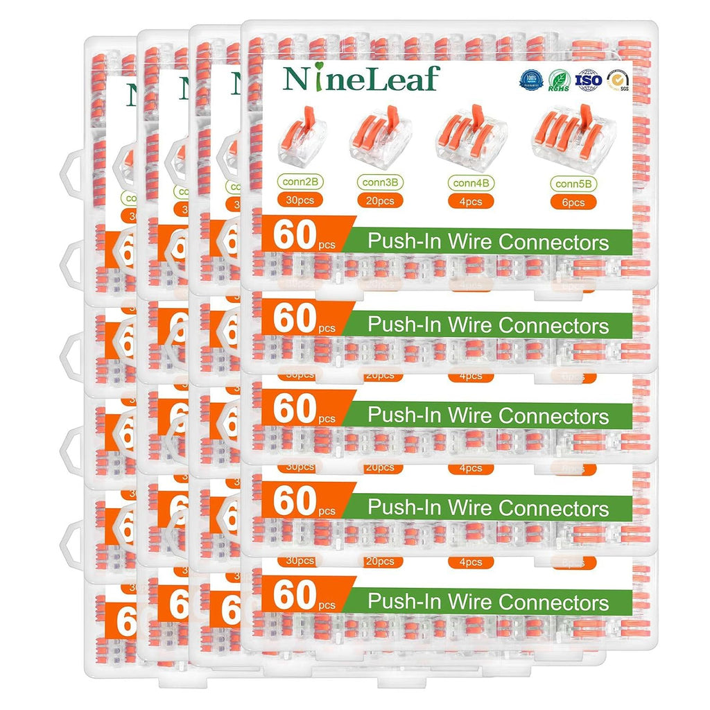 NineLeaf 60 Pcs Lever Wire Connectors Kit, 2/3/4/5 Port Push-in Electrical Wire Nuts with Test Hole for AWG 28-12, Reusable Quick Splice Assortment with Organized Storage Box,20 Set