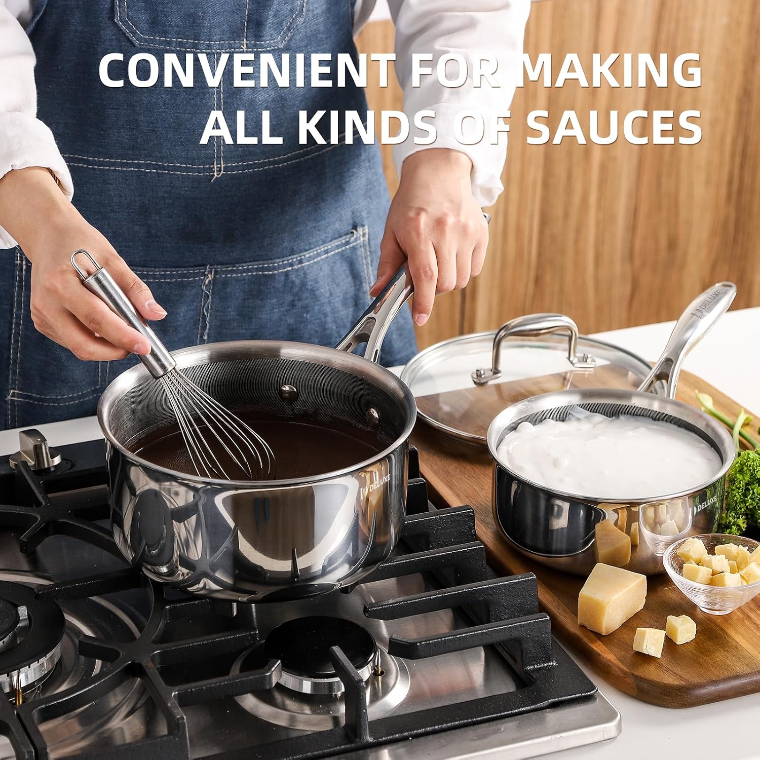 Deluxe 13 Piece Hybrid Ceramic Nonstick Stainless Steel Cookware Set-5 Piece Frying Pan Set, 6 PC Pot Set, 3.7QT Deep Sauté Pan&Lid, Induction Ready, Stay Cool, PFOA Free Compatible with All Cooktops