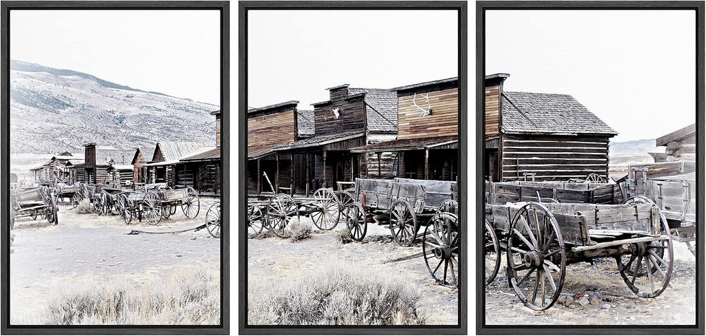 wall26 Framed Canvas Print Wall Art Set Wild West Texas Wooden Wagons Nature Wilderness Photography Realism Rustic Scenic Relax/Calm Multicolor for Living Room, Bedroom, Office - 24'x36'x3 Black
