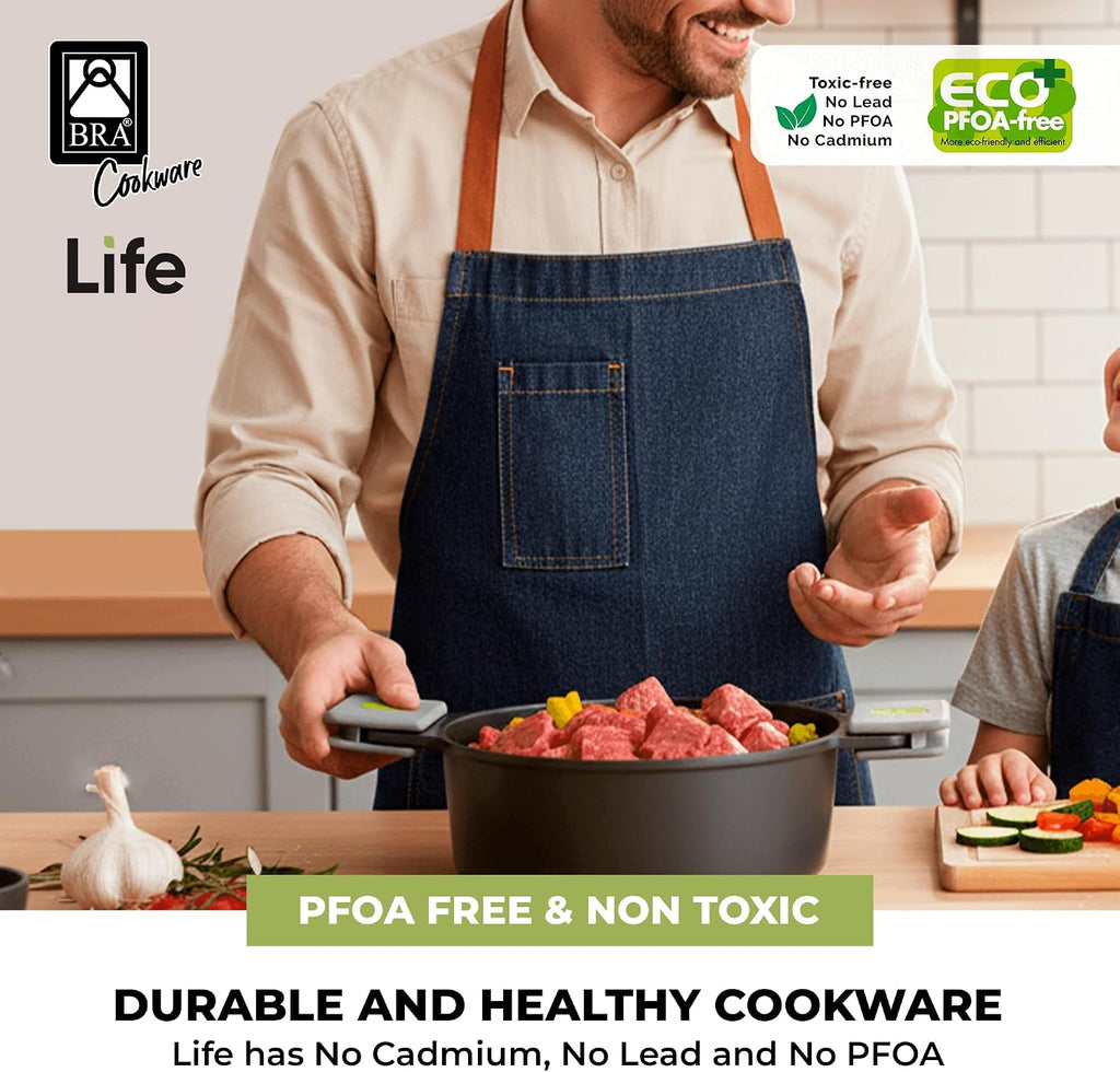 BRA COOKWARE Life 12-Piece Ceramic Cookware Set | Recycled Cast Aluminum Pots & Pans Set w/ 2 Pots, 1 Sauté Pan, 3 Pans, 1 Saucepan, 1 Grill, 4 Lids | Ceramic Non-Stick Coating | All Stovetops