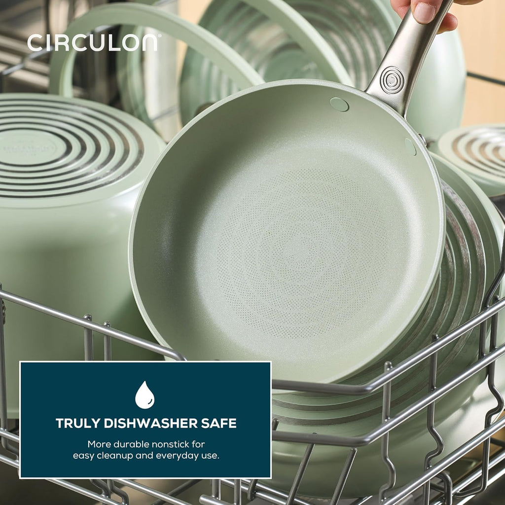 Circulon Halo with LaserDefense Ceramic Nonstick Saute Pan, Helper Handle and Lid, Made without PFAS, Compatible with All Stovetops, Dishwasher & Oven Safe, 5 Quart Multipurpose Nonstick Pan, Sage