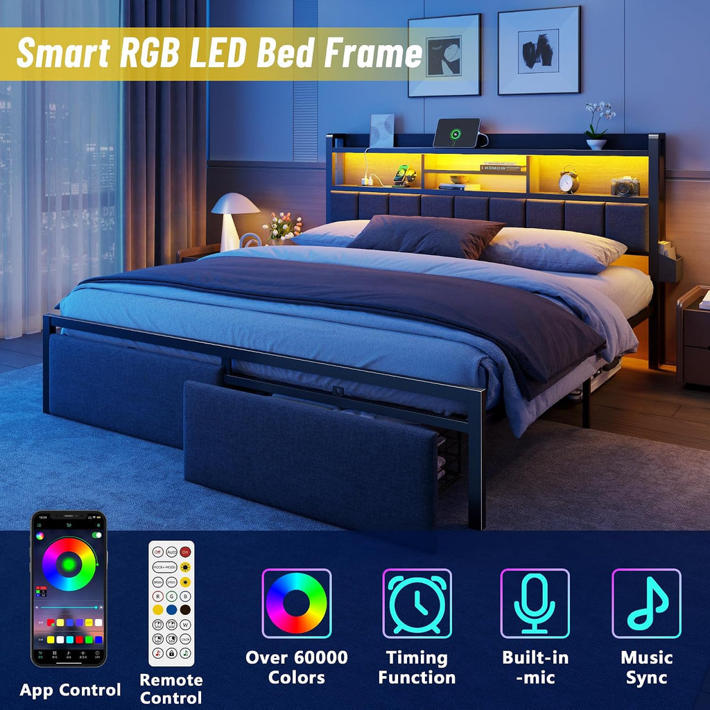 Furnulem King Bed Frame with Wood Headboard & Storage Drawers, Metal Platform Bed Frames King Size with LED Lights, Built in Charging Station, No Box Spring Needed, No Noise, Easy Assembly, Black