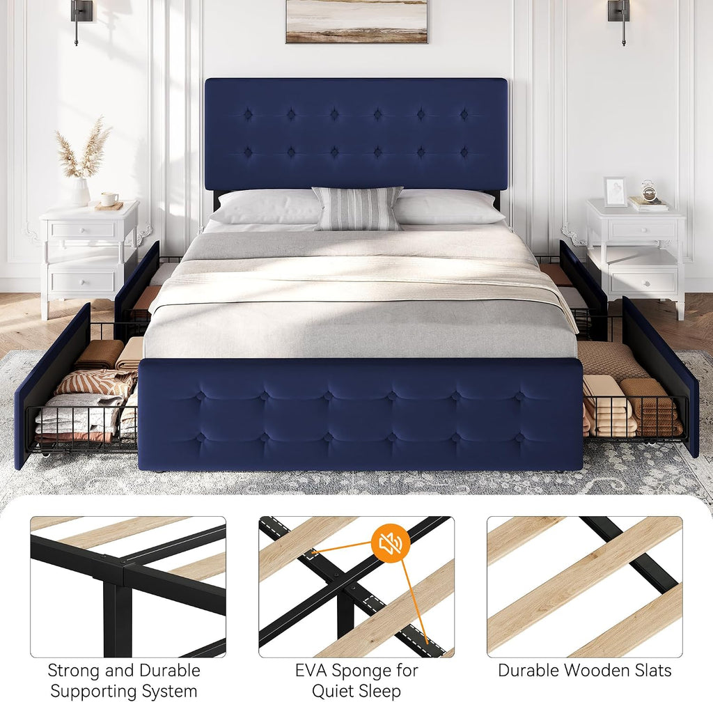 IDEALHOUSE Full Size Bed Frame with 4 Storage Drawers and Headboard, Velvet Upholstered Platform Bed Frame with Wooden Slats Support, Button Tufted Design, No Box Spring Needed, Blue