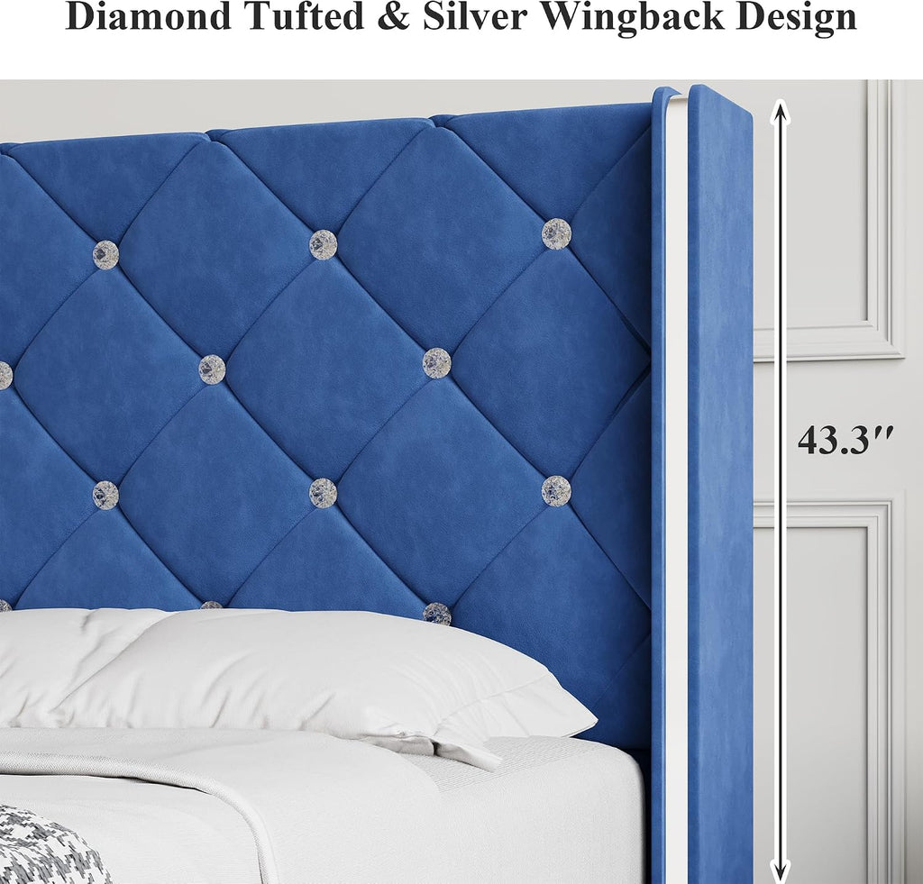 Lullabyre Twin Size Bed Frame, Upholstered Bed Frame with Diamond Tufted Headboard, Modern Silverside Wingback, No Box Spring Needed, Easy Assembly, Blue