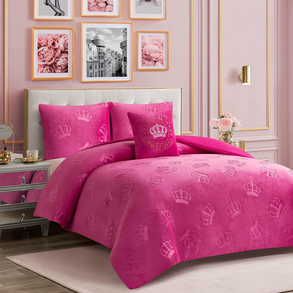 Juicy Couture Plush Reversible Embossed Crown 3-Piece Twin/Twin XL Comforter Set with Decorative Pillow, Hot Pink